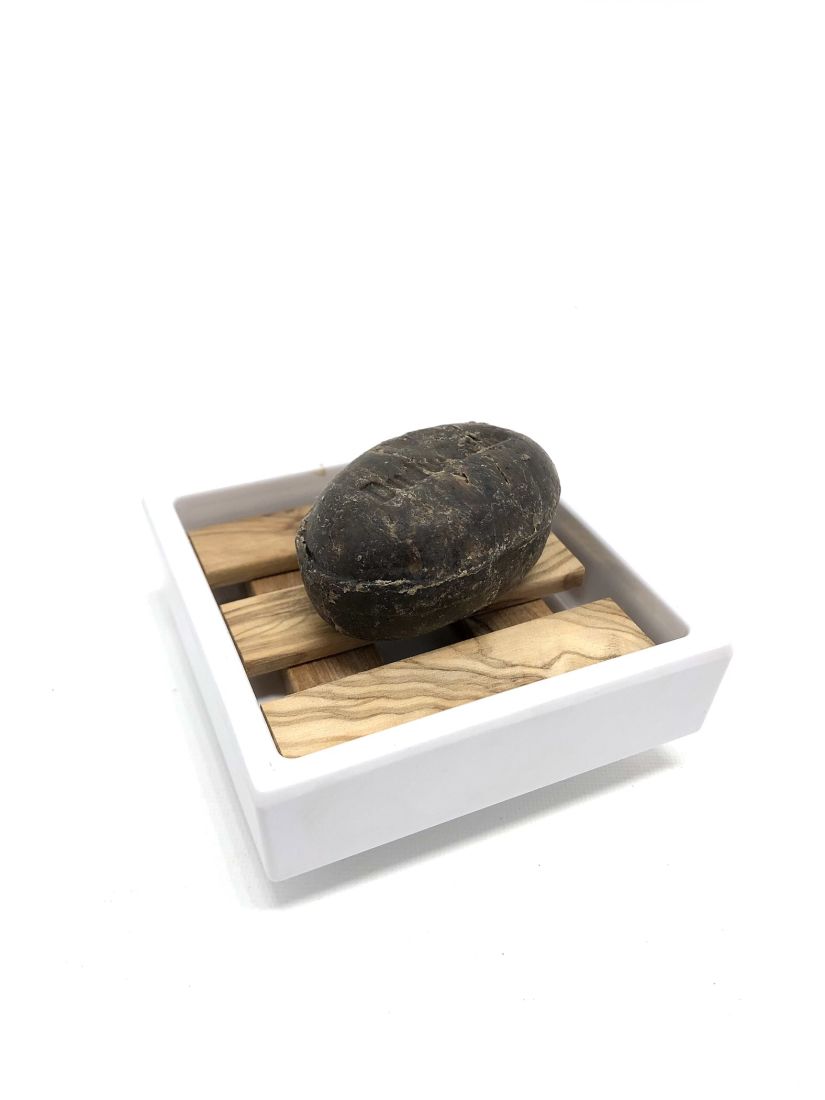 Seifenschale quadratisch aus Melamin mit Inlay Olivenholz