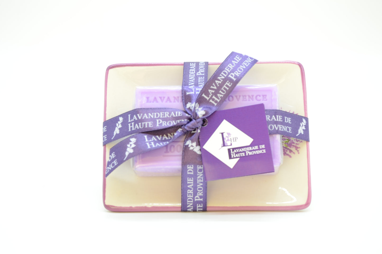 Porzellan-Seifenschale mit Motiv u. 1 Marseille Seife (Lavendel) 100g