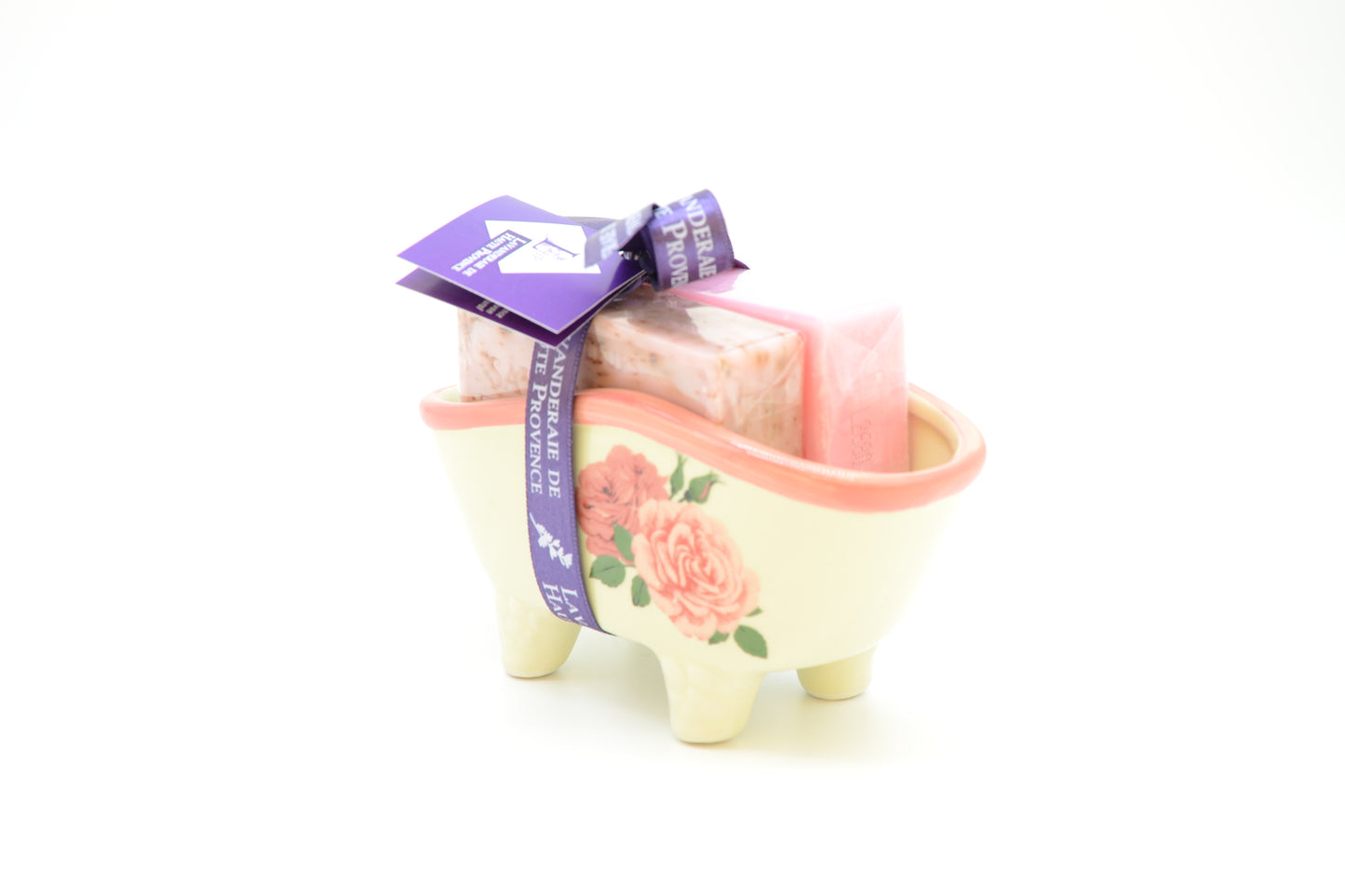 Porzellan-Seifenschale "Badewanne" mit Motiv u. 2 Marseille Seife (Rosé) á 100g