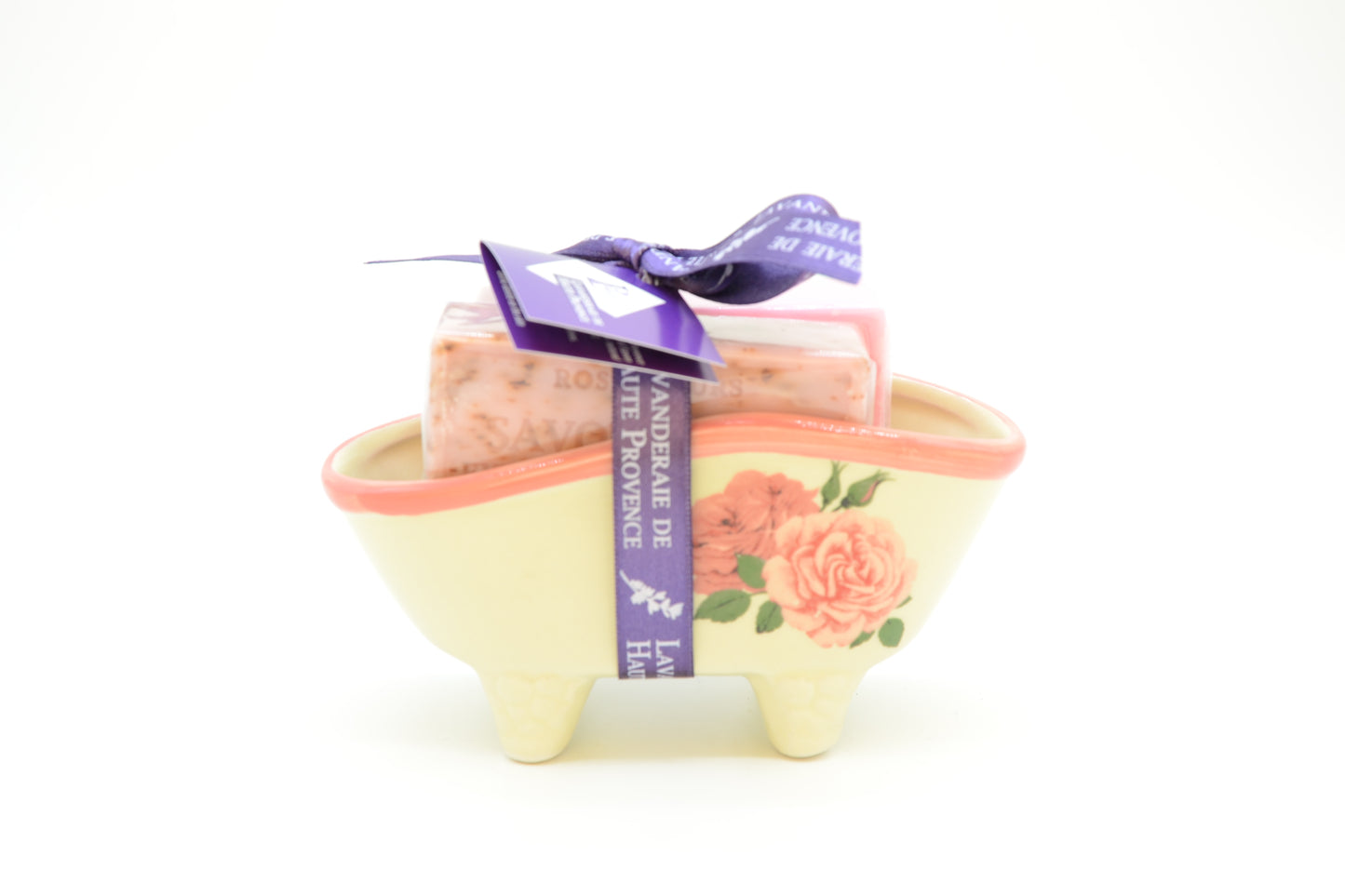 Porzellan-Seifenschale "Badewanne" mit Motiv u. 2 Marseille Seife (Rosé) á 100g