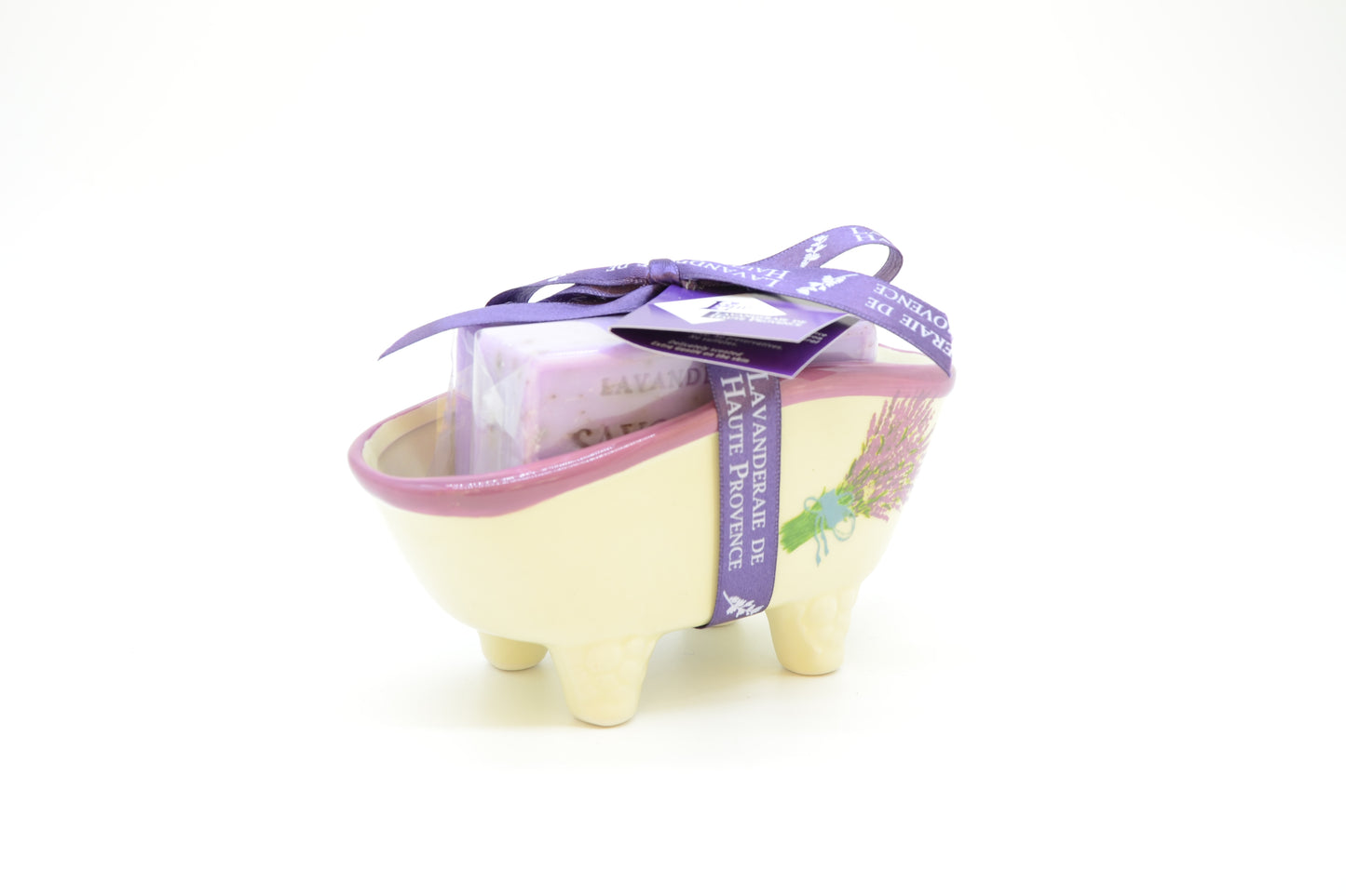 Porzellan-Seifenschale "Badewanne" mit Motiv u. 2 Marseille Seife (Lavendel) á 100g