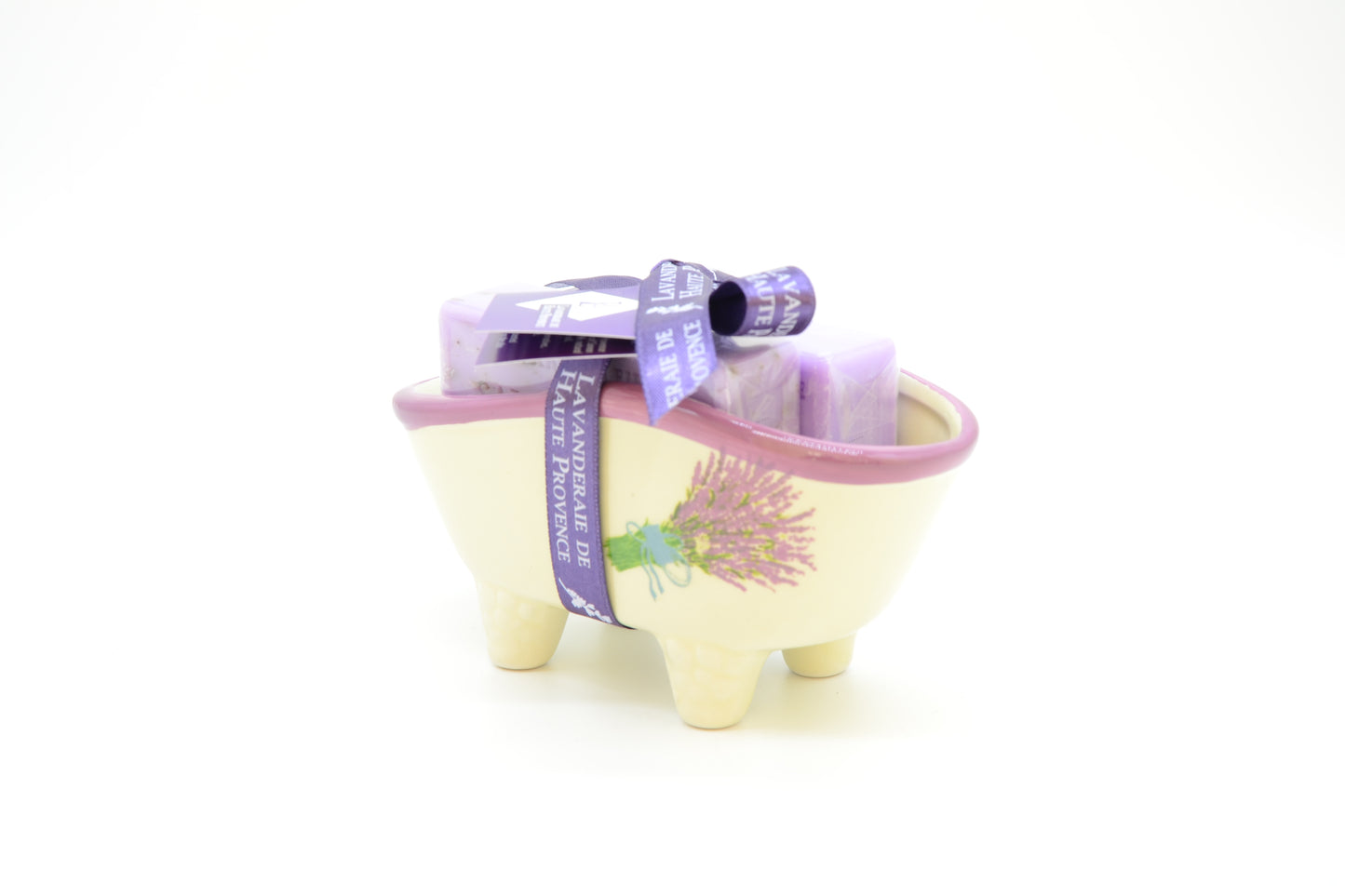 Porzellan-Seifenschale "Badewanne" mit Motiv u. 2 Marseille Seife (Lav.) á 100g