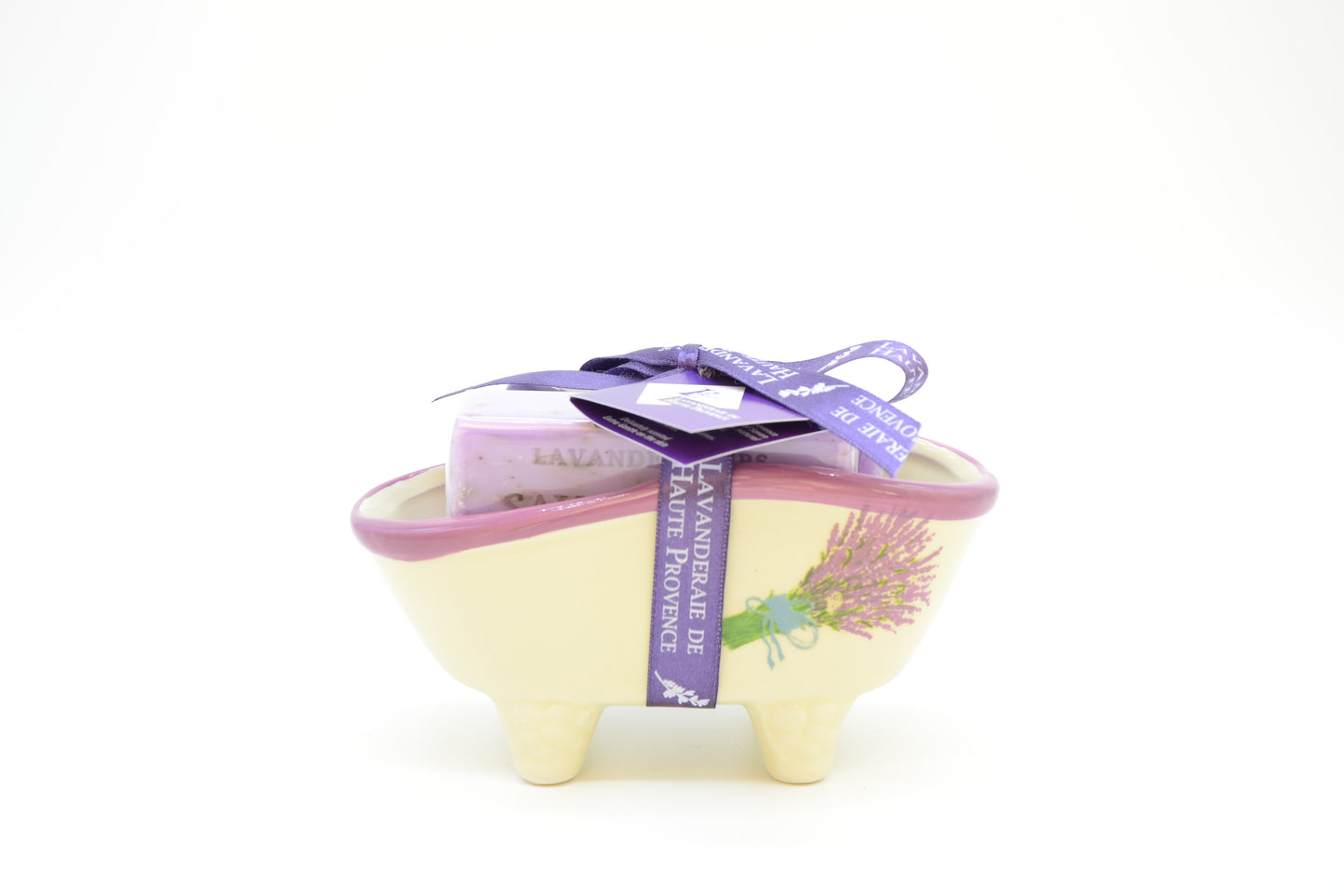 Porzellan-Seifenschale "Badewanne" mit Motiv u. 2 Marseille Seife (Lav.) á 100g