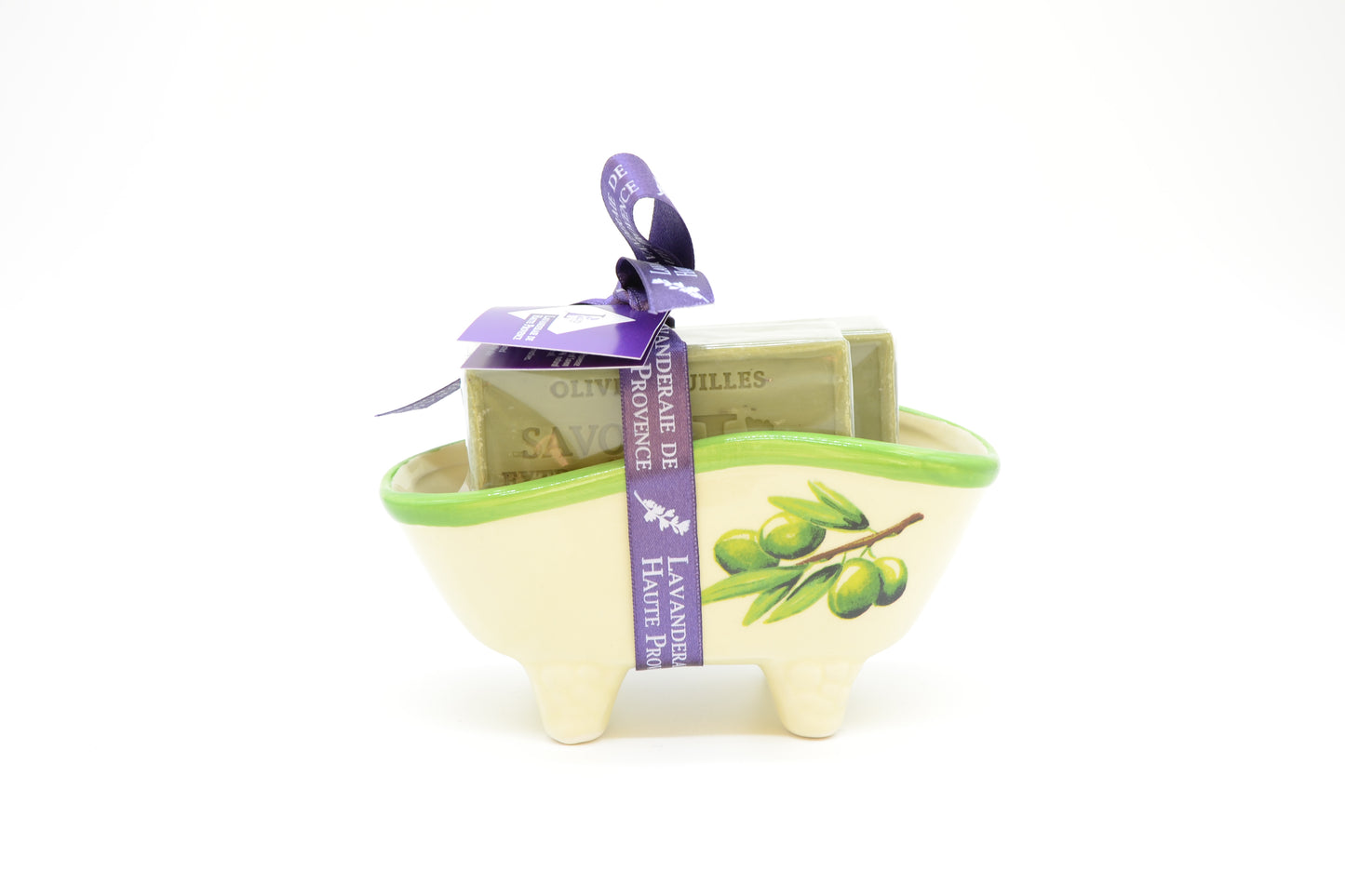 Porzellan-Seifenschale "Badewanne" mit Motiv u. 2 Marseille Seife (Olive) á 100g