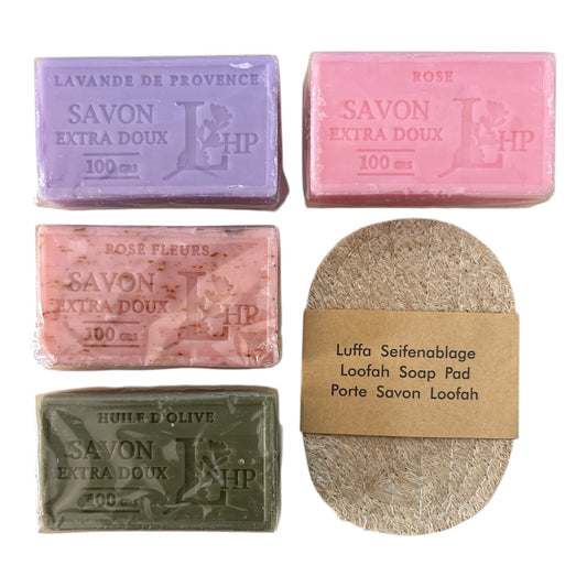 Marseille Seifen 4x100gr mit Luffa Seifenablage Spar-Set