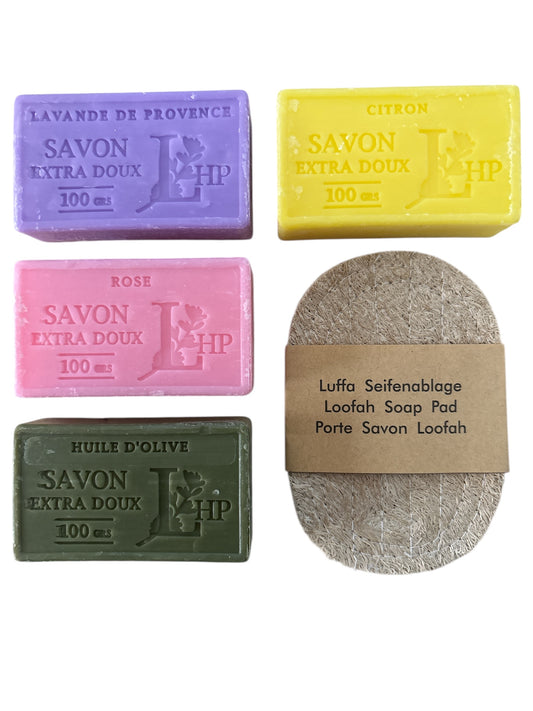 Marseille Seifen 4x100gr mit Luffa Seifenablage Spar-Set